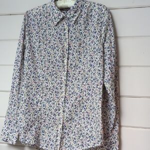 Ladies' Floral Button-Down Shirt in White with Blue & Pink Print